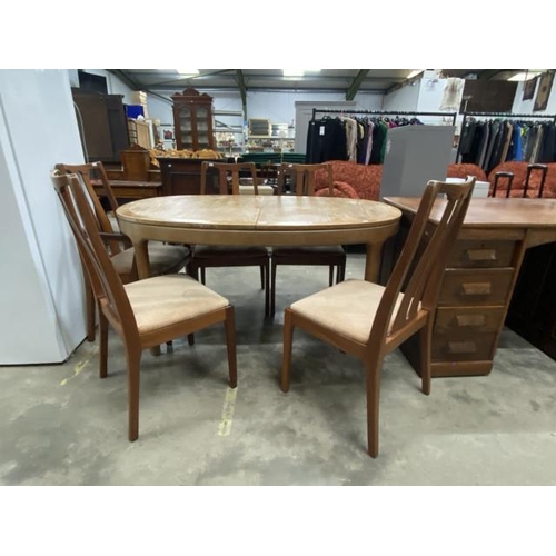 180 - Mid century ‘Nathan’ teak dining table 75H 153W 99D and 5 chairs including 1 carver (as found)