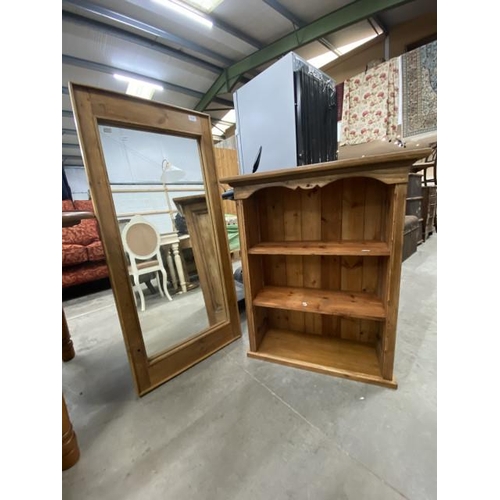 184 - Pine wall mirror 55 x 120cm & a pine wall mounted bookcase 85H 68W 28D