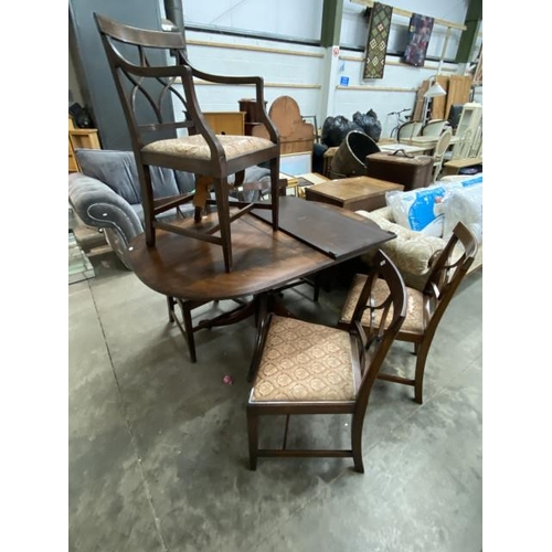 189 - Victorian mahogany inlaid single pedestal table 73H 185W 52D with 1 leaf and 5 chairs including 1 ca... 