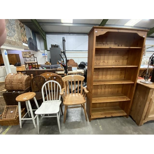 225 - Pine bookcase 175H 95W 33D, pine carver chair, 2 oak wheel back chairs etc