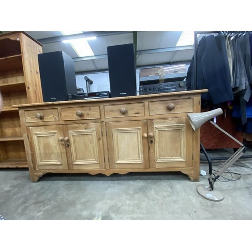 226 - Rustic pine 4 door/4 drawer sideboard with 1 key 86H 189W 44D and a vintage angle poise lamp