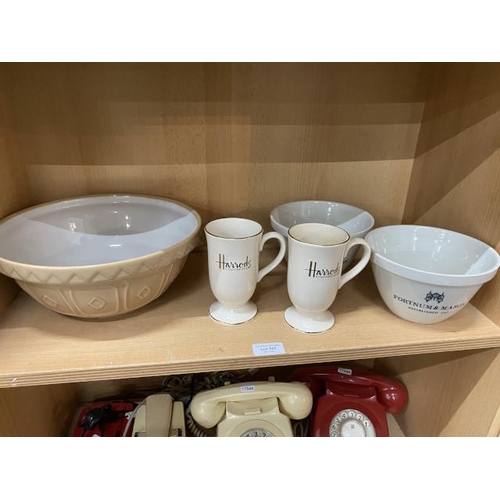 320 - Mason Cash mixing bowl, 2 Fortnum & Mason pudding bowls & 2 Hornsea Harrods mugs