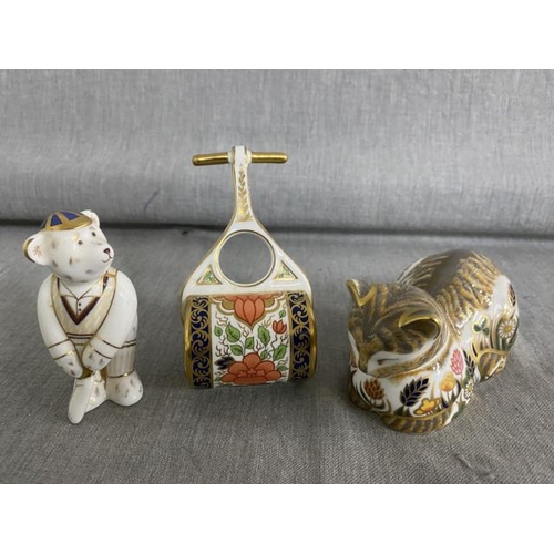 330 - Royal Crown Derby 2000 Garden Roller, 2004 Cricketer & 2003 Cottage Garden Cat with gold stopper