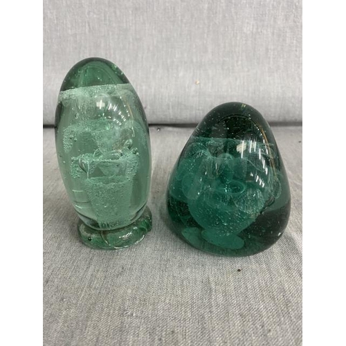 339 - 2 Victorian green glass dumps/paperweights with vase of flowers design 9cm & 11cmH