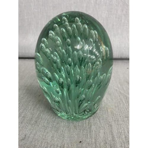 343 - Victorian green glass dump/paperweight with air bubble design 14cmH