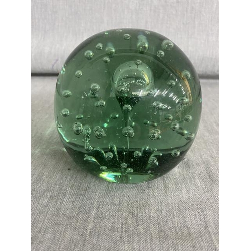 346 - Victorian green glass dump/paperweight with air bubble design 10.5cmH