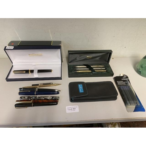 351 - Cased Inoxcrom fountain pen, Parker Junior fountain pen with 14K nib, Waterman’s W2 fountain pen wit... 