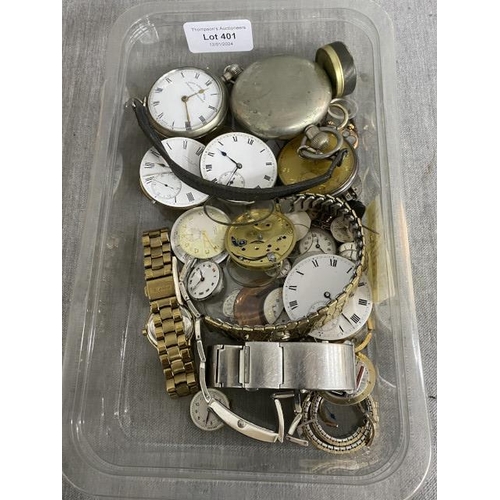 401 - Box of watch & pocket watch movements inc. Usher & Son, Louis Grisel, Tissot, Hefik, Omega, Storm et... 