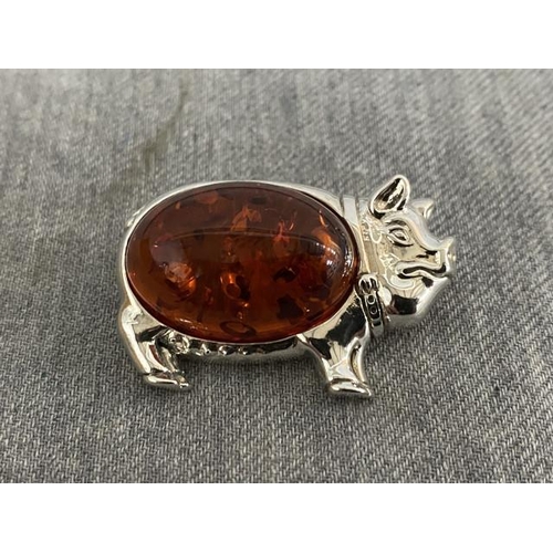 408 - Silver & amber Pig brooch