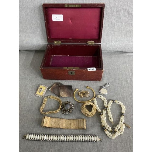 413 - Antique jewellery box containing antique & vintage jewellery, 3 watches (no straps) inc. Services 5 ... 