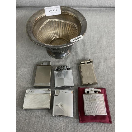 416 - Silver plated bowl containing 6 lighters inc. 3 Ronson, Polo, The Lincoln etc.