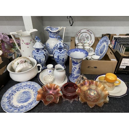 472 - Pair of blue & white Delft Dec 501 lidded vases (One lid with hairlines), Waterford crystal clock, 2... 