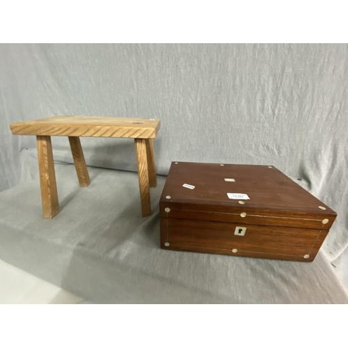 502 - Oak joint stool 30W 24H 19D & Vic. mahogany pearl inlaid jewellery box