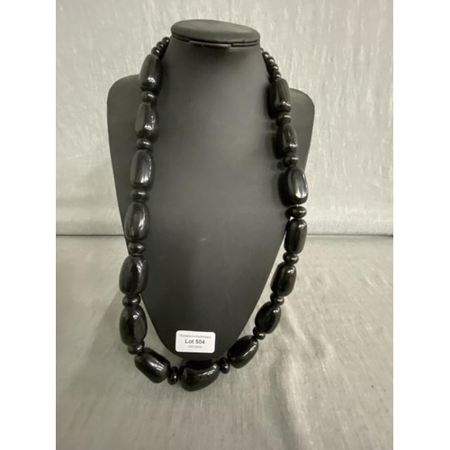 504 - Vintage Bakelite black barrel bead necklace