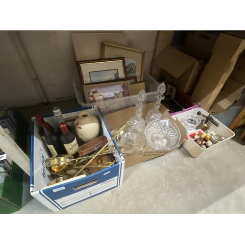 546 - 5 boxes of collectables inc. 4 wine bottle style candles, cased 8x25 binoculars, oak biscuit barrel,... 