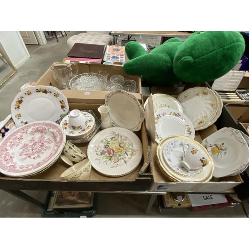 551 - Box of cut glass dishes, cake stands etc & 2 boxes of mixed china including Colclough teawares, Alfr... 