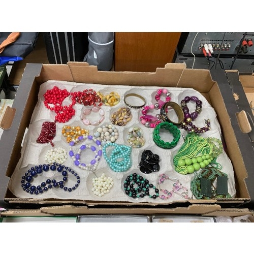 587 - 4 boxes of jewellery containing necklaces, bangles, bracelets including rose quartz, hematite, rhond... 