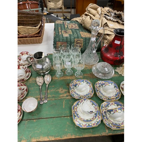 577 - 41 pices of Paragon tea wares, silver plated jug and serving spoons, cut glass decanter and wine gla... 