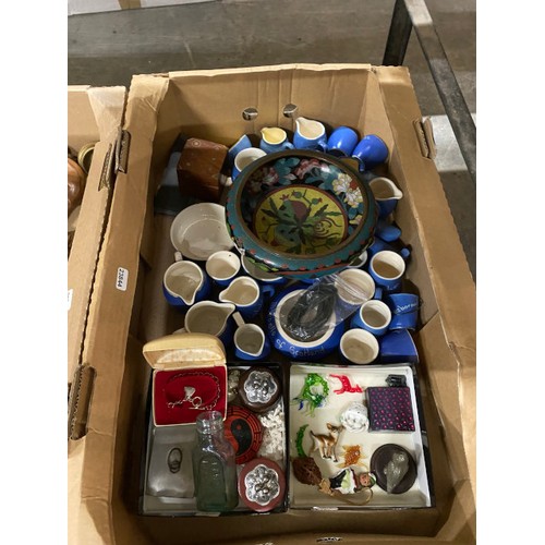 600 - 3 boxes of collectables including studio handmade pottery, blue and white jugs, egg cups, bowls etc,... 