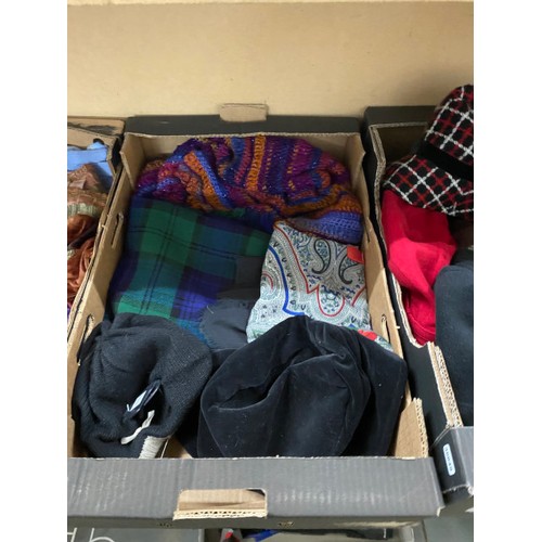 499 - 7 boxes of scarves, vintage scarves & hats & 1 box of corsages inc. Moon 100% lambs wool, Big Scarf ... 