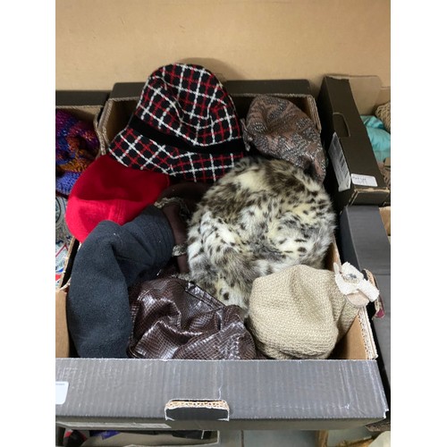 499 - 7 boxes of scarves, vintage scarves & hats & 1 box of corsages inc. Moon 100% lambs wool, Big Scarf ... 