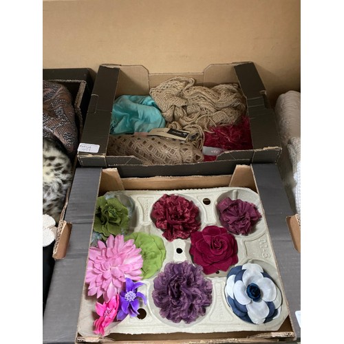 499 - 7 boxes of scarves, vintage scarves & hats & 1 box of corsages inc. Moon 100% lambs wool, Big Scarf ... 