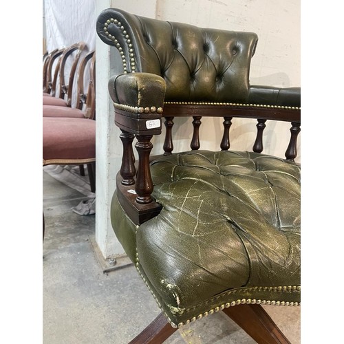 159 - Green leather button back Chesterfield swivel office chair 62W (leather as found)