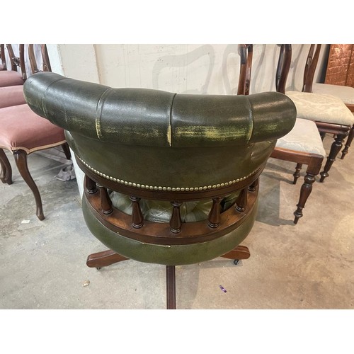 159 - Green leather button back Chesterfield swivel office chair 62W (leather as found)