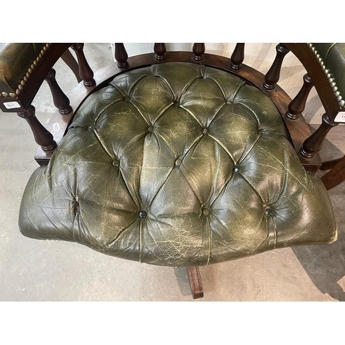 159 - Green leather button back Chesterfield swivel office chair 62W (leather as found)