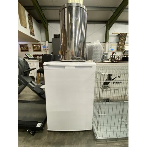 102 - BEKO under counter fridge 85H 54W 55D and a chrome kitchen bin