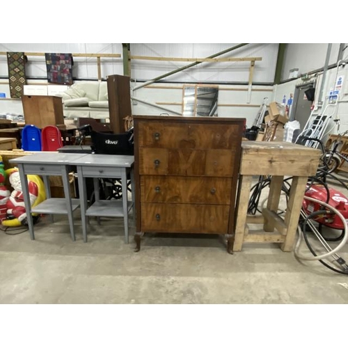 112 - 2 grey bedside tables 71H 47W 35D, walnut 4 drawer chest 106H 77W 53D and a butchers block 87H 55W 4... 