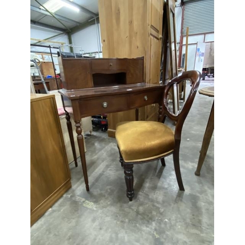 128 - Mahogany ladies writing desk with one key 103H 84W 45D and a Victorian mahogany balloon back chair