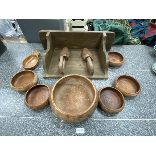 134 - Pine coat rack 60W & 7 treen bowls