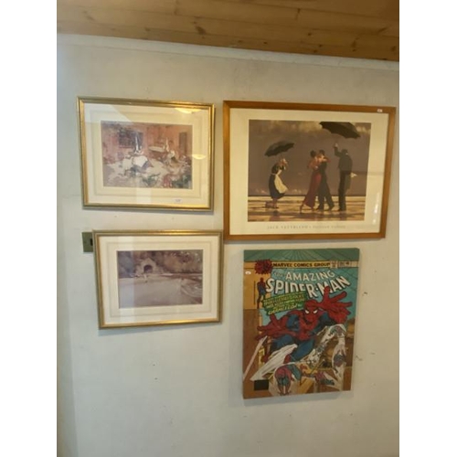 155 - Jack Vettriano print 85x65cm, two Russell Flint prints 49x60cm & Spiderman Marvel Comics canvas prin... 