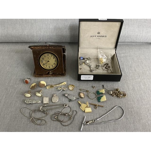 159 - Box of cufflinks, fork brooch, lockets, rolled gold T bar, 2 silver necklaces etc. & cased R.L Chris... 