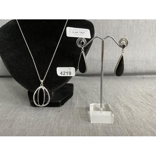 167 - Pair of 925 silver & jet earrings with necklace