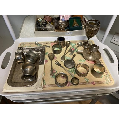 175 - Tray of collectable silver, silver plate & pewter, approx. silver 225g inc. Robert Pringle & Sons, B... 