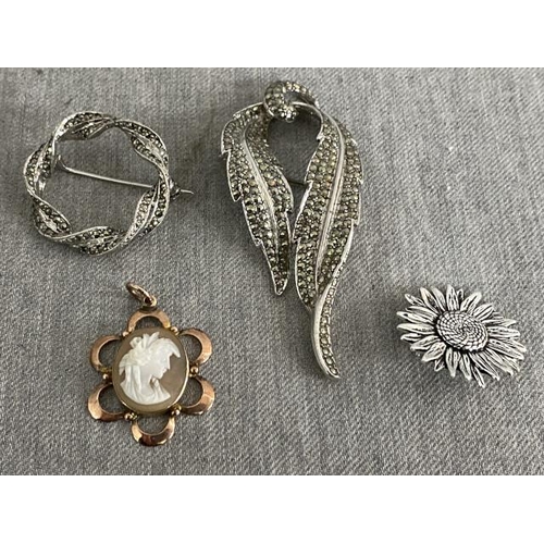 196 - Antique rose gilt cameo pendant,  2 vintage marcasite brooches & Mas J sunflower brooch