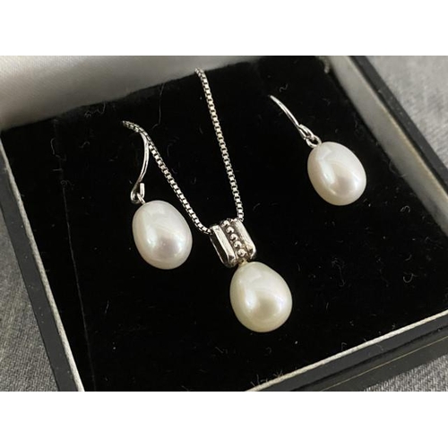 203 - Pair of 925 silver & pearl drop earrings with 925 silver necklace