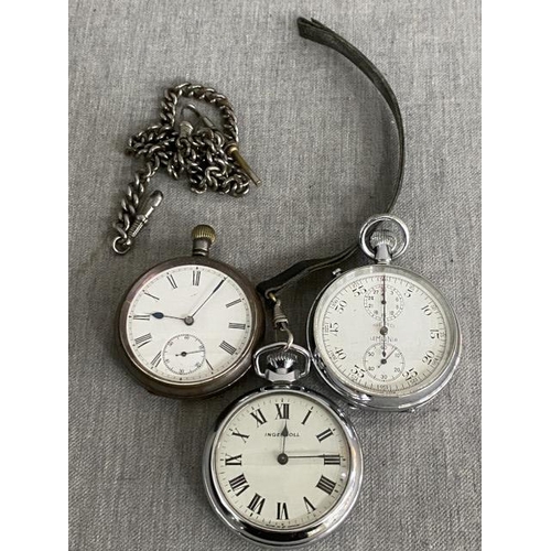 242 - T bar watch chain, Ingersoll stop watch, Nero Lemania stop watch & a pocket watch