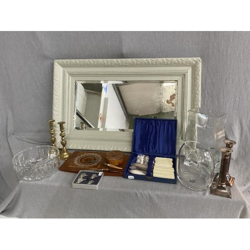 252 - Cased fish knives & forks, pair of brass candlesticks, painted framed mirror 52x83cm, glassware etc.