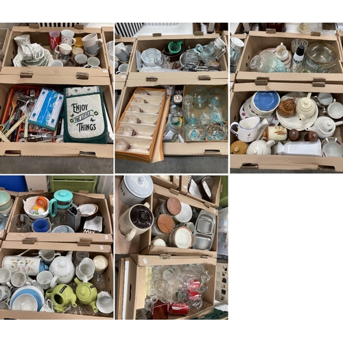 332 - 12 boxes of assorted glass ware, kitchenalia, and table wares including Johnson Bros Eternal Beau, P... 