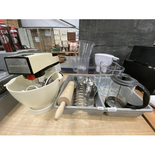 349 - Kenwood Chef with plastic bowl, K beater and whisk, Brita jug, cafetiere, stainless steel ladles etc... 