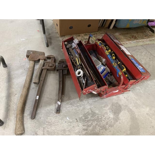 387 - Metal toolbox containing assorted workshop tools including drill bits, 2 axes, 2 wrenches Nos 24 etc... 