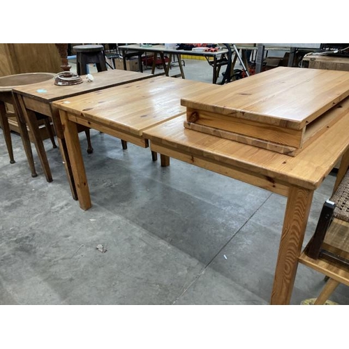 402 - Pine extending table with 2 leaves 74H 144W 90D & a mahogany drop leaf table 75H 92W 89D