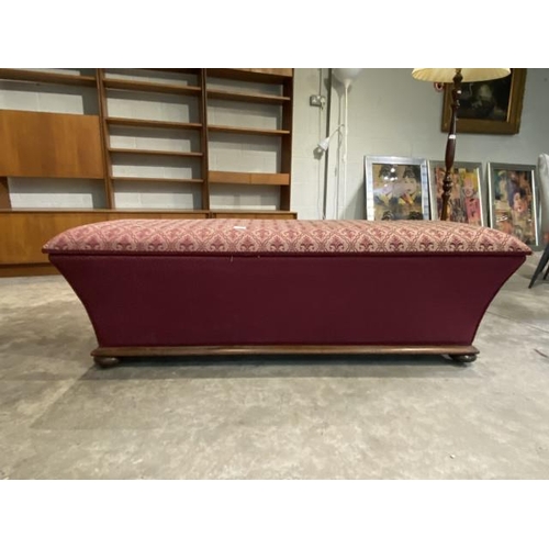 70 - Victorian upholstered linen box with mahogany feet 48H 145W 52D