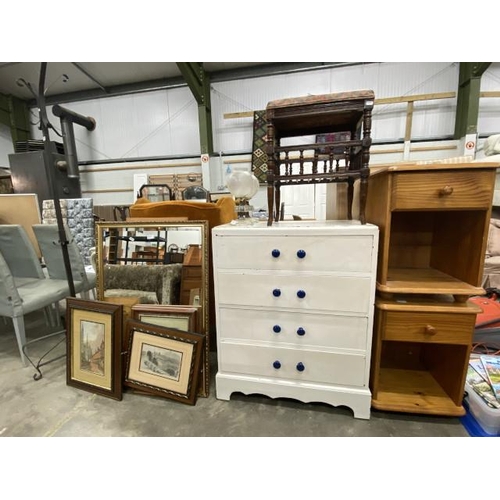 83 - White 4 drawer chest 94H 94W 41D, 2 pine bedside cabinets 59H 43W 41D, assorted pictures, mirrors et... 