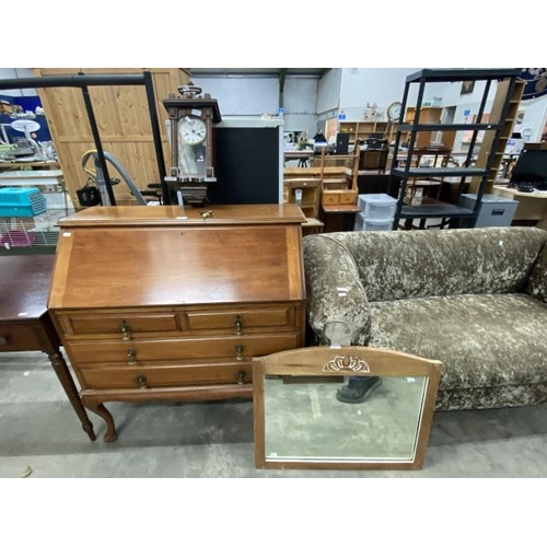 97 - Edwardian mahogany bureau 101H 97W 47D , oak framed wall clock with pendulum and key etc