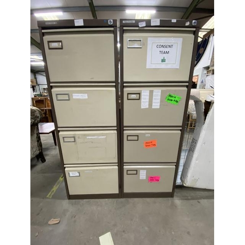 99 - 2 metal 4 drawer filing cabinets 132H 48W 62D (no keys)