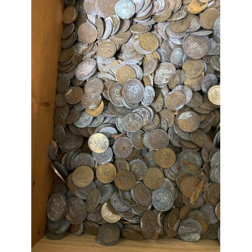 267 - 3 mixed boxes of coins  & tokens inc. foreign, 1980's Elizabeth II five pence pieces, George VI penn... 